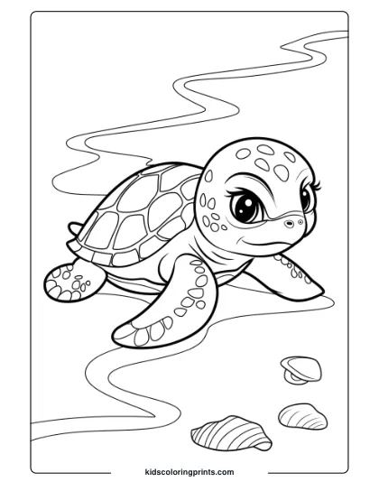 Baby Sea Turtle Coloring Page Featuring A Small Turtle Gliding Near Seashells On A Sandy Beach.
