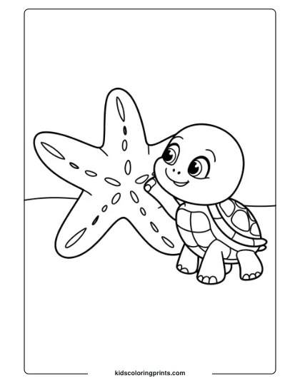 Baby Turtle And Starfish Coloring Page, Capturing A Friendly Interaction On A Sandy Background.