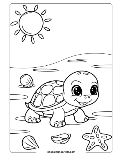 Baby Turtle On A Sunny Shore Coloring Page, Featuring A Cute Turtle On A Beach With Seashells.