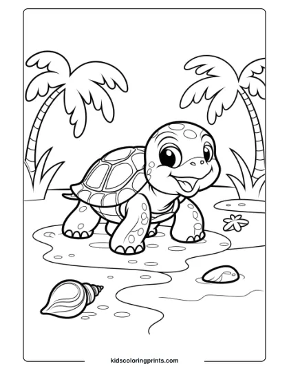Baby Turtle On An Island Coloring Page, Featuring A Cute Turtle In A Tropical Setting.
