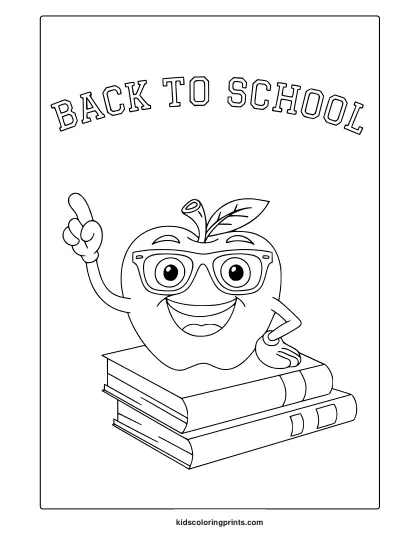 Coloring Page With Smiling Apple In Glasses, Peace Sign, And Books Under “Back To School” Text.