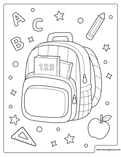 Back To School Coloring Page With A Backpack, Books, Pencil, And Letters A B C.