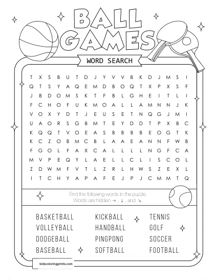 Free Printable Ball Games Word Search Puzzle With 12 Sports From Basketball To Tennis.