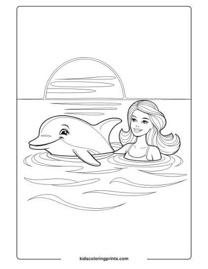 Barbie And Dolphin Swimming At Sunset, A Picturesque And Calm Coloring Page.