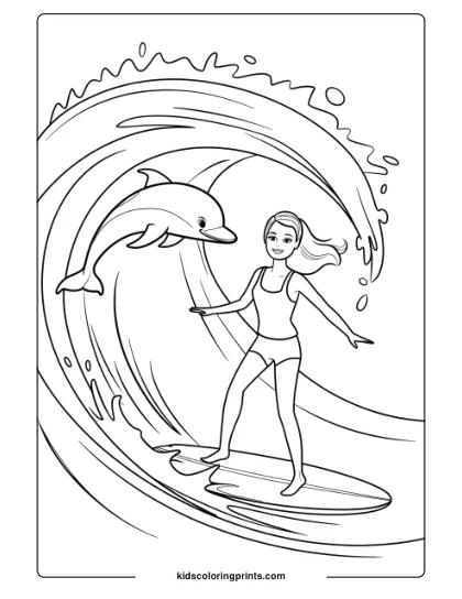 Barbie And Her Dolphin Riding A Big Wave, A Fun And Adventurous Coloring Page.