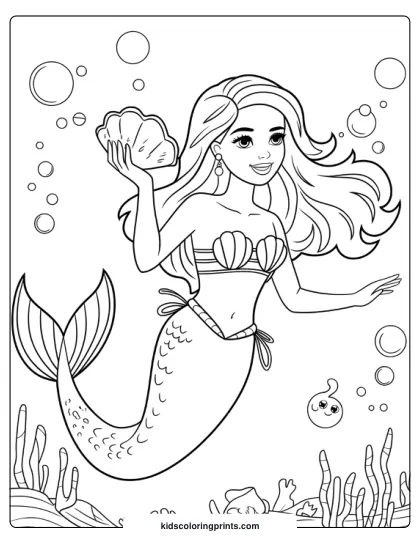 Barbie Mermaid Holding A Seashell Underwater Surrounded By Bubbles And Fish In This Playful Coloring Page.