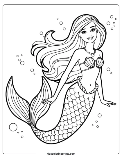 Barbie Mermaid Swimming Gracefully Underwater With Bubbles In This Calming Coloring Page.