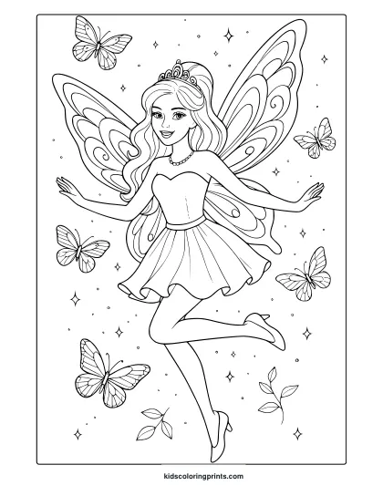 Barbie Fairy Coloring Page With Tiara, Butterflies, Stars, And Balletic Pose.