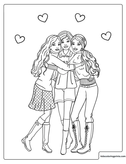 Barbie Friends Forever Coloring Page With Barbie Hugging Nikki And Teresa Under Floating Hearts.