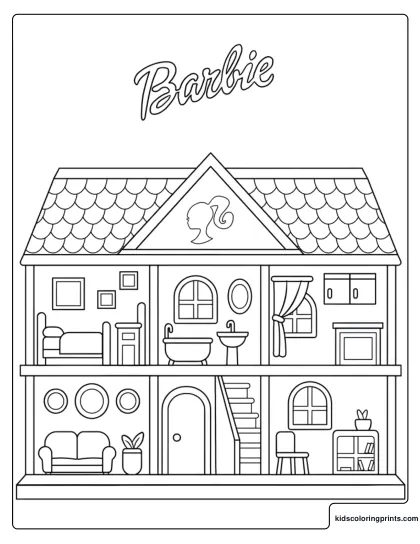 Barbie House Coloring Page Showing A Two-Story Dollhouse With Rooms, Furniture, And A Staircase.