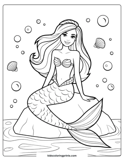 Barbie Mermaid Sitting On A Rock With Bubbles And Seashells In This Peaceful Coloring Page.