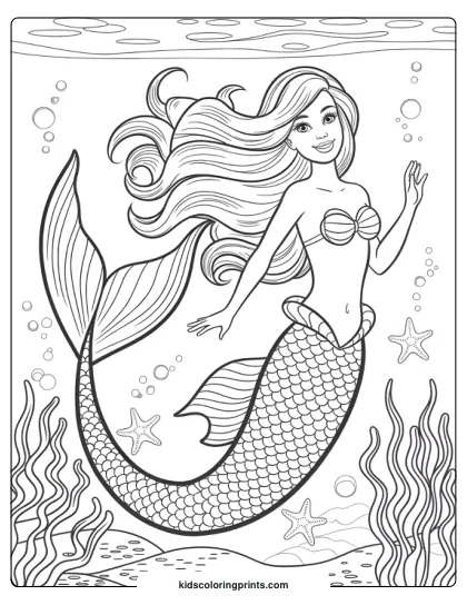 Barbie Mermaid Swimming Underwater Surrounded By Starfish And Seaweed In This Colorful Coloring Page.