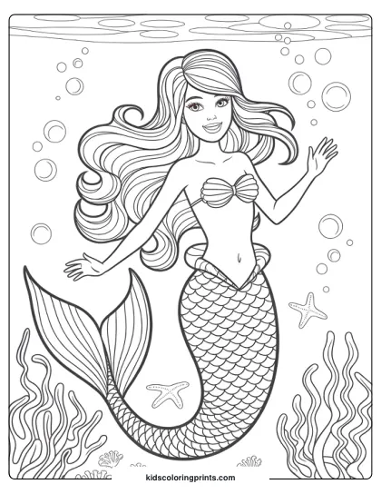 Barbie Mermaid Swimming Underwater Surrounded By Marine Creatures And Bubbles In This Coloring Page.