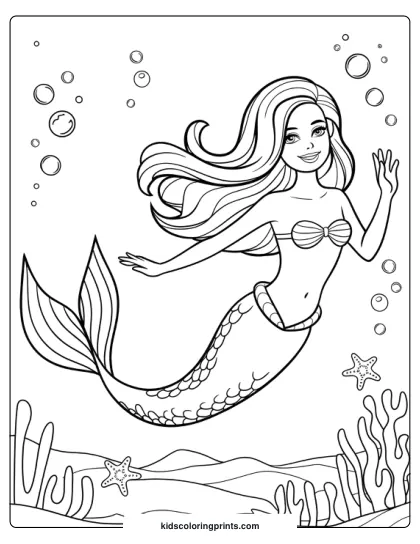 Barbie Mermaid Swimming With Bubbles And Coral Formations In This Vibrant Coloring Page.