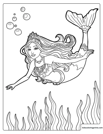 Barbie Mermaid Coloring Page With Barbie Swimming Underwater With Bubbles And Seaweed Below.