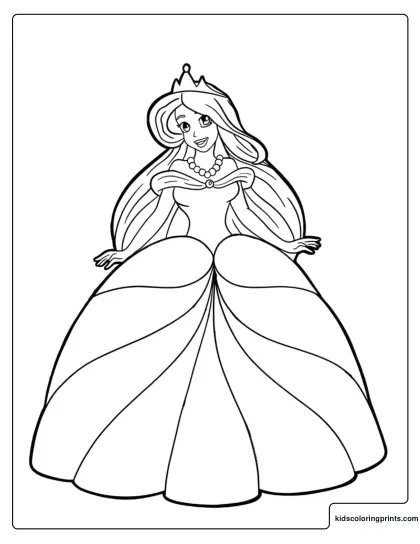 Coloring Page Of Barbie In An Elegant Ball Gown With Ruffles And Decorative Stars.
