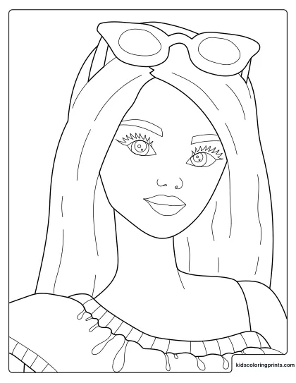 Barbie Coloring Page Showing Barbie With Long Hair And Sunglasses On Her Head.