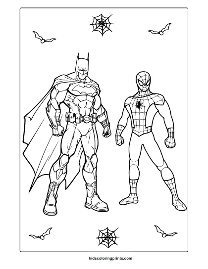 Batman And Spider-Man Coloring Page With Bold Comic Style And Character Details.
