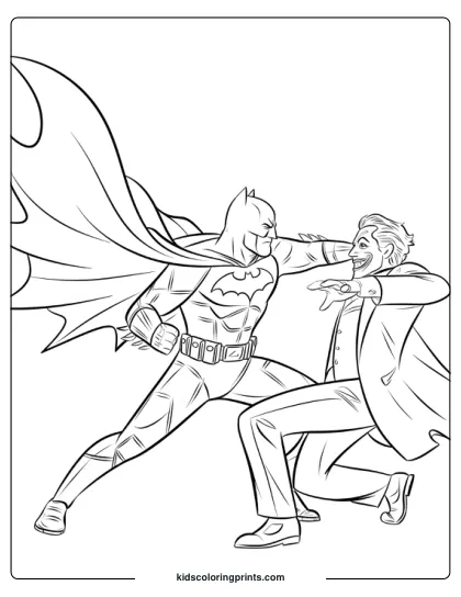An Action-Packed Scene Unfolds In The Batman Fighting Joker Coloring Page, Where Batman Prepares To Strike The Laughing Joker. The Intense Combat Stance Of Batman And The Joker’s Maniacal Reaction Bring This Dynamic, High-Energy Moment To Life.