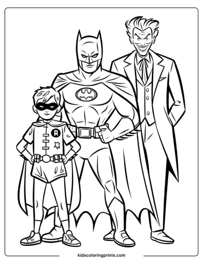 The Batman Robin Joker Coloring Page Brings Together Three Iconic Characters. Robin, In His Red And Blue Costume, Stands Beside Batman, Dressed In His Black Suit.