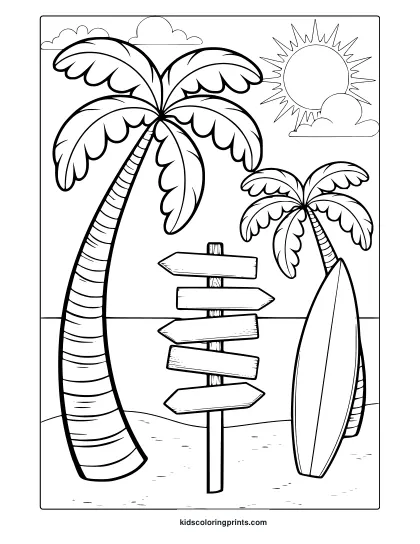 Tall Palm Trees And A Wooden Signpost By The Shore Set The Scene In This Beach Summer Coloring Page.