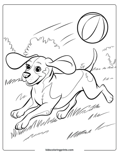 Beagle Chasing A Ball With Excitement In Mid-Air In A Dog Coloring Page.