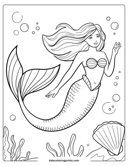 Beautiful Mermaid Swimming With Bubbles And Seaweed In This Ocean-Themed Coloring Page.
