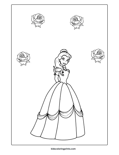 Coloring Page Of Belle In A Classic Gown, Surrounded By Four Decorative Rose Illustrations.