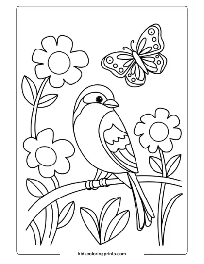 A Bird And Butterfly In A Garden, Perfect For A Simple And Nature-Inspired Bird Coloring Page For Kids.