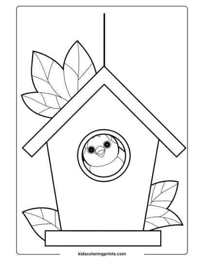 A Bird In A Birdhouse, Perfect For A Simple And Cute Bird Coloring Page For Children.