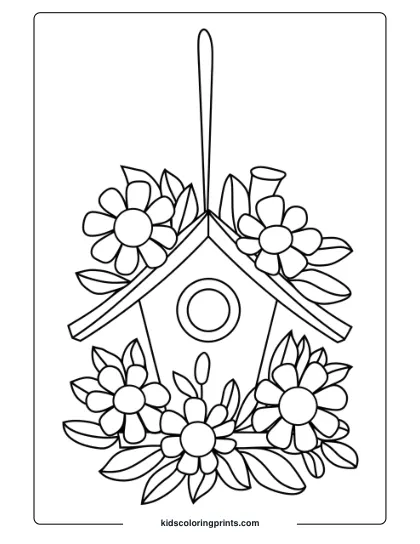 A Birdhouse With Flowers, Ideal For A Cute And Simple Bird Coloring Page For Kids And Nature Enthusiasts.
