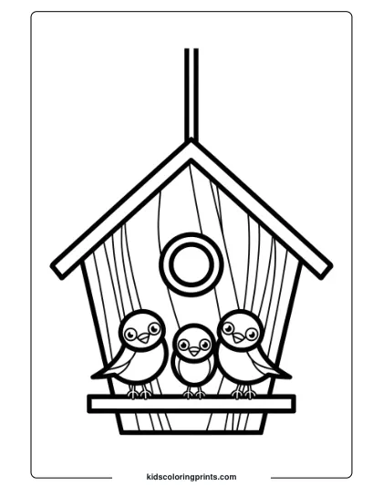 A Family Of Birds In A Birdhouse, Perfect For A Family-Oriented Bird Coloring Page For Children.