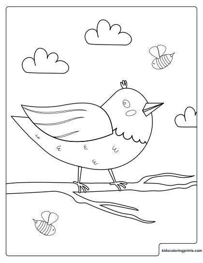 Bird Coloring Page Showing A Bird Standing On A Branch With Bees And Clouds Around.