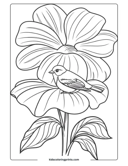 A Bird Sitting On A Flower, Ideal For A Simple And Artistic Bird Coloring Page For Children.
