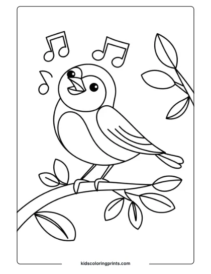 A Bird Singing On A Branch, Ideal For A Fun And Simple Bird Coloring Page For Kids.
