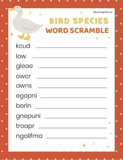 Free Printable Bird Species Word Scramble To Identify Popular Birds And Practice Spelling.