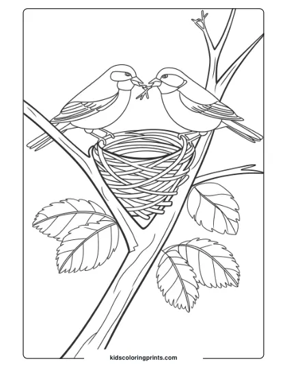 Birds Building A Nest On A Branch, Great For A Collaborative And Nature-Themed Bird Coloring Page.