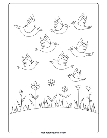 Birds Flying Over A Flower-Filled Meadow, Ideal For A Nature-Themed Bird Coloring Page.