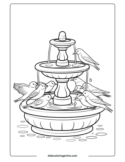 Birds At A Fountain, Perfect For A Serene And Classic Bird Coloring Page For Kids.