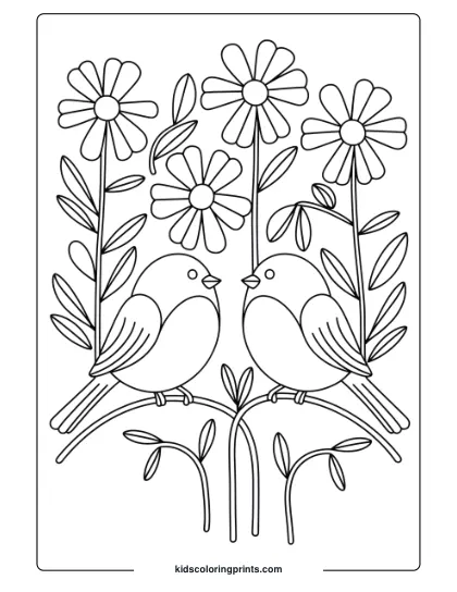 Two Birds Among Flowers On A Branch In A Simple And Artistic Bird Coloring Page For Nature Lovers.