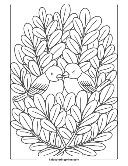 Birds In A Bush With Leaves, Perfect For A Peaceful And Nature-Themed Bird Coloring Page For Children.