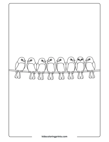Seven Birds On A Telephone Wire, Great For A Simple And Fun Bird Coloring Page For Kids.