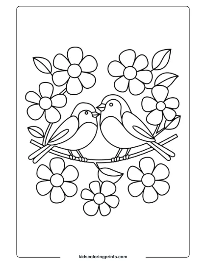 Birds Surrounded By Spring Flowers, Ideal For A Floral And Nature-Inspired Bird Coloring Page For Kids.