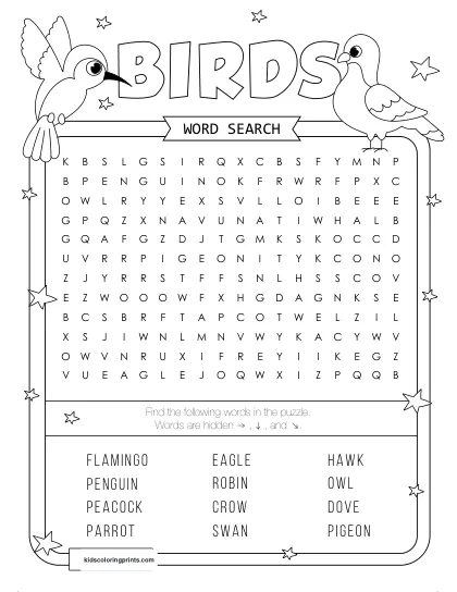 Free Printable Birds Word Search Puzzle With 12 Birds From Owl To Flamingo.