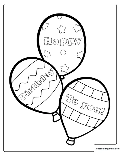 Birthday Balloons Coloring Page With Three Decorated Party Balloons