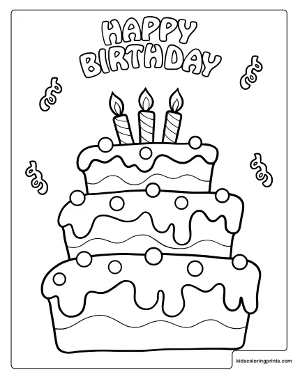Birthday Cake Coloring Page With Three Candles And Dripping Icing