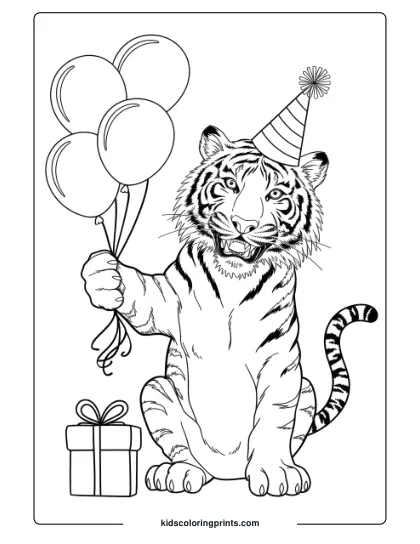 Birthday Party Tiger Coloring Page Showing A Tiger With Balloons And A Wrapped Gift, Celebrating Joyfully.