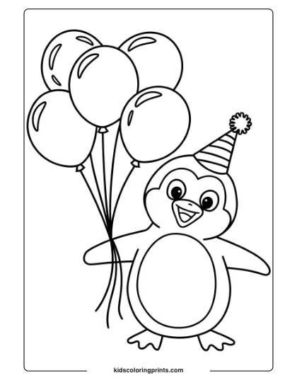 A Penguin With Balloons And A Party Hat, Perfect For A Birthday-Themed Penguin Coloring Page.