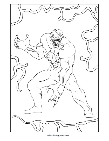 Black Venom Coloring Page With Bold Linework Showing Venom’s Combat Stance And Tendril-Filled Chaotic Background.