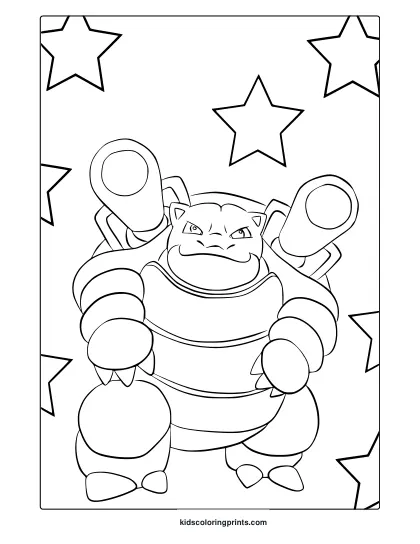 Blastoise With Spiral Patterns And A Star Border On A Bold Black And White Coloring Page.
